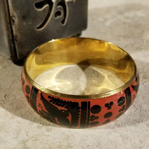 India Brass Bangle Bracelet with Black Orange Red Peace Dove Olive Branch Design